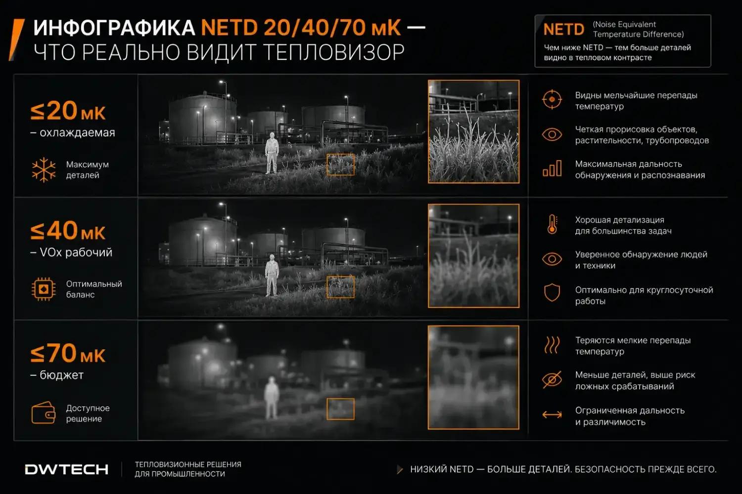 Инфографика NETD 20/40/70 мК — что реально видит тепловизор